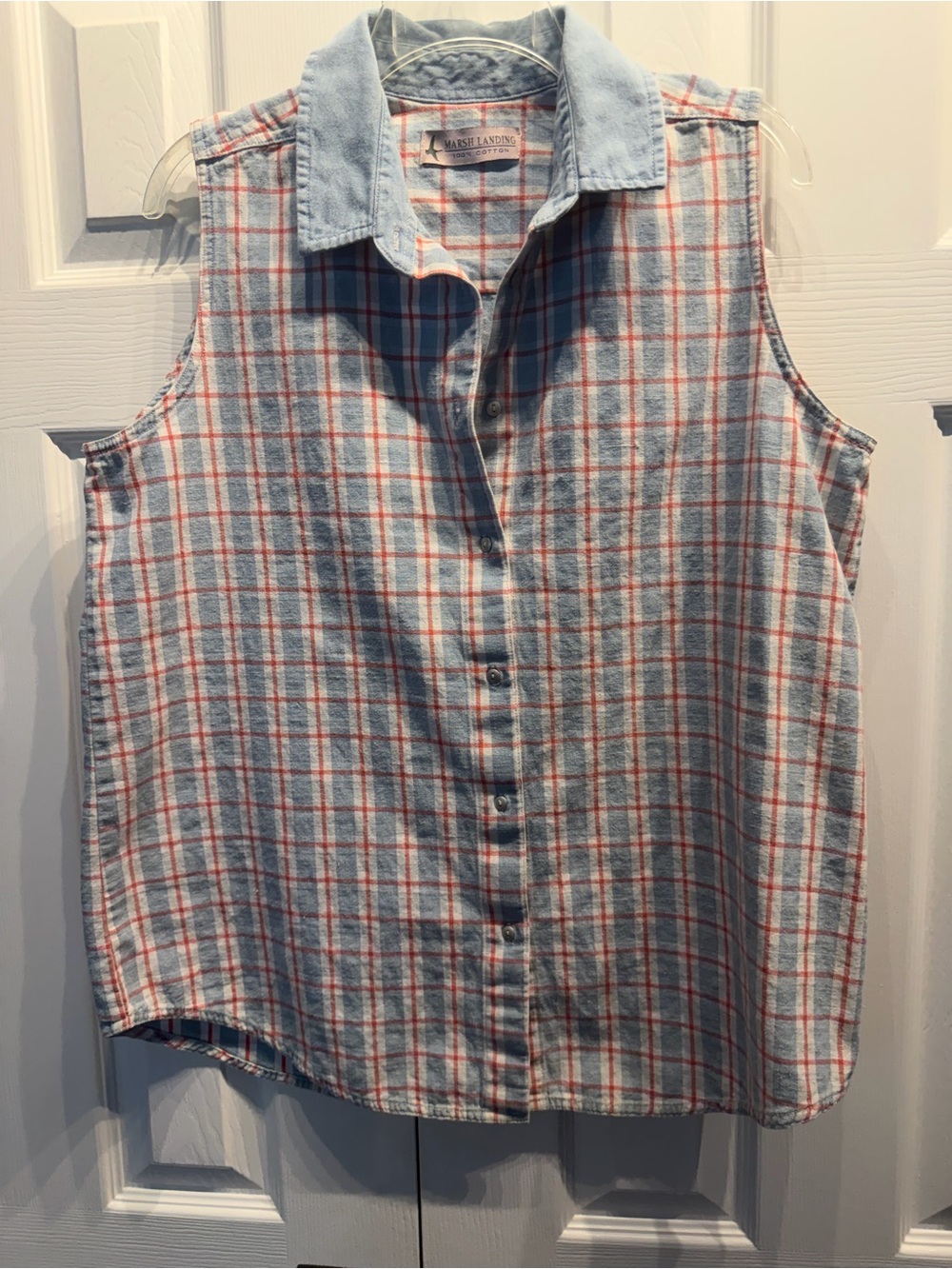 Marsh Landing Light Red, White, & Blue Sleeveless Striped Button-Down Denim Top